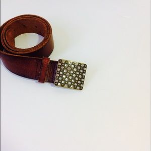 Vintage Brown Leather Belt Rhinestone Buckle